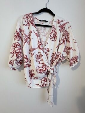 Zara Floral Wrap Blouse XS Linen Blend Tie Front Romantic Cottagecore